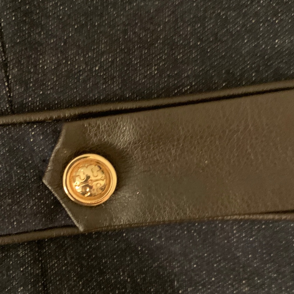 Tory Burch dark blue denim dress with gold button accents & brown leather trim. - Picture 5 of 14